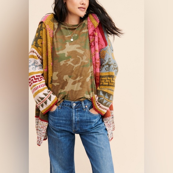 Free People Multicolor Hooded Knit Cardigan - Cream, Mustard, Blue, Red, Olive - Picture 4 of 14